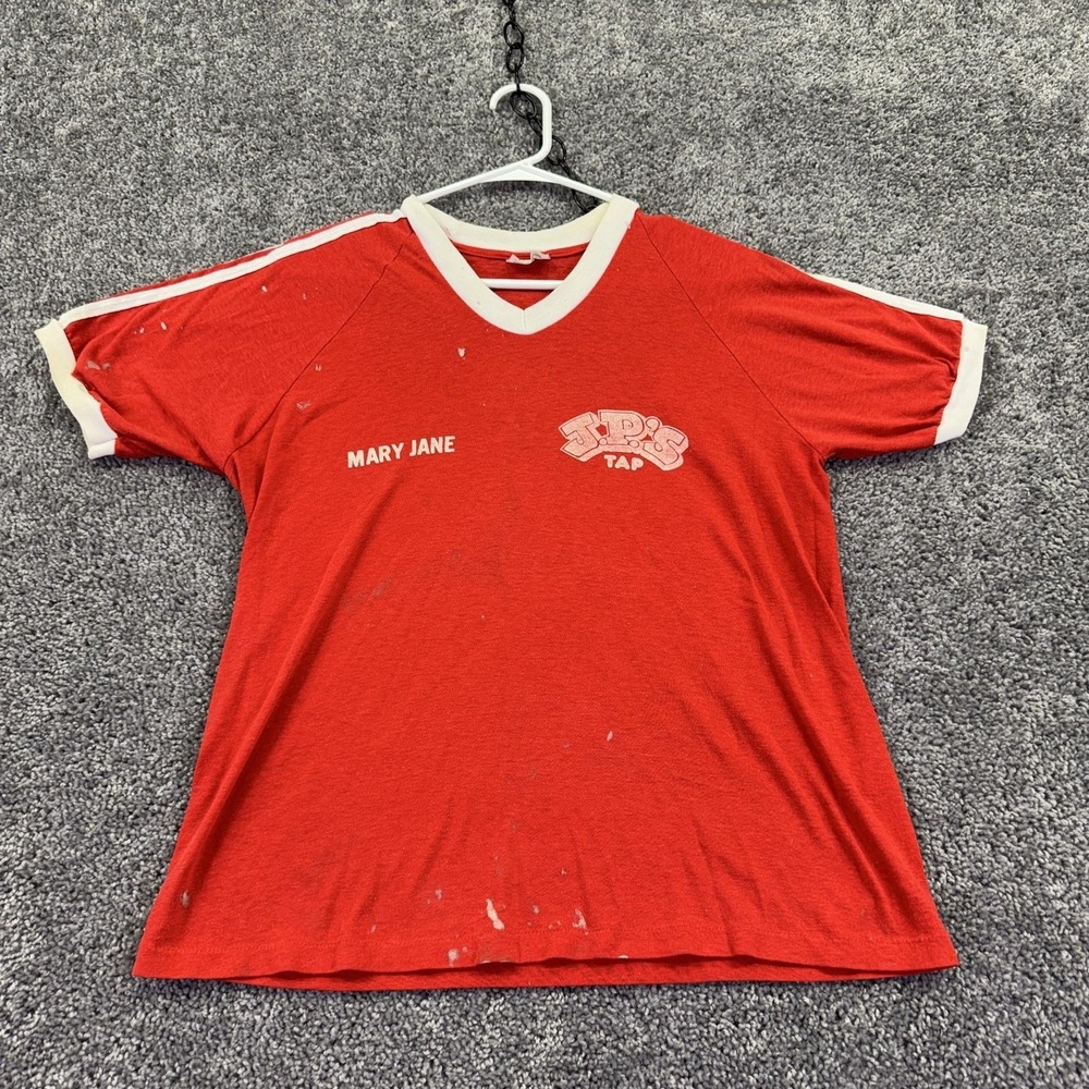 Vtg Stedman Shirt Mens Large Red J.P.'s Tap Bar Ringer Graphic Tee USA